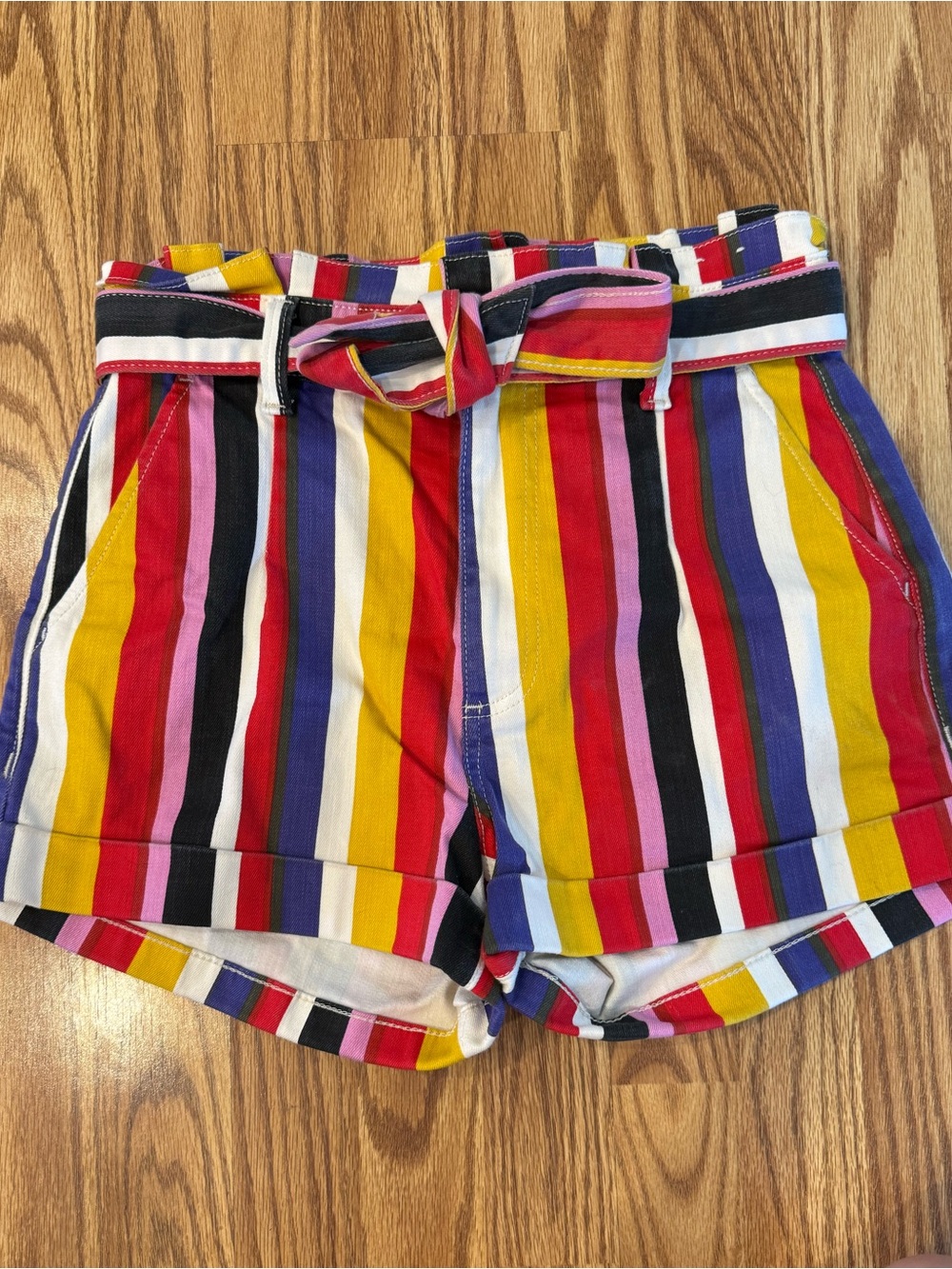 Express Multi-Color Striped High-Waist Paperbag Shorts with Tie Belt